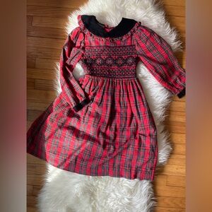 Classic Vintage Polly Flinders Red Plaid Smocked Kids Dress with Black Trim